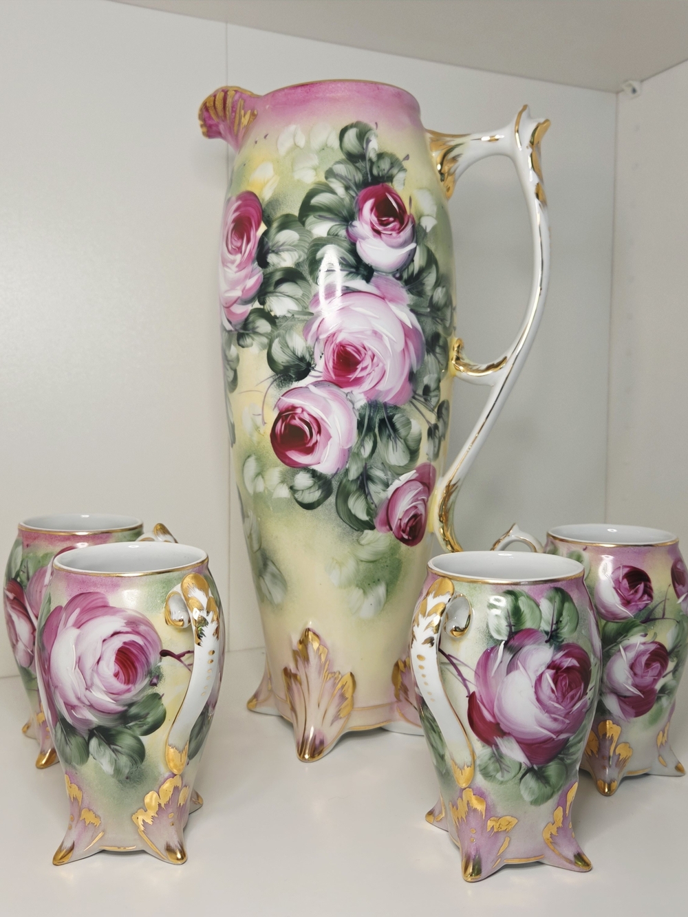 Antique Nippon Hand Painted Porcelain Cider Set - 14" Pitcher & 4 Mugs